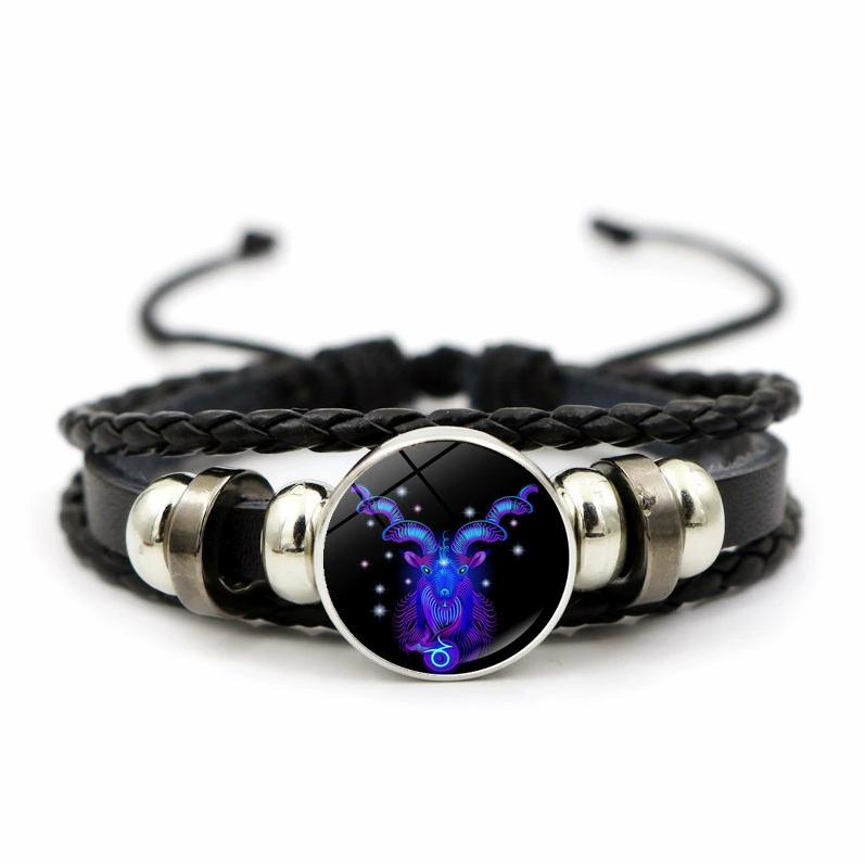 12 Sternbilder Sternzeichen Schwarzes geflochtenes Lederarmband Krebs Löwe Jungfrau Waage Gewebtes Glaskuppelschmuck Punk Herrenarmband
