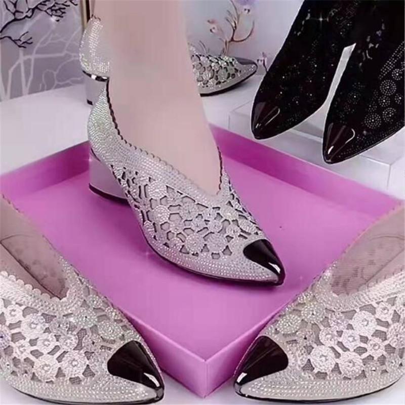 Large Size 35-43 Women's Pumps Fashion Pointed Thick High Heels Shoes Fashion Rhinestones Hollow Out Women Party Shoes