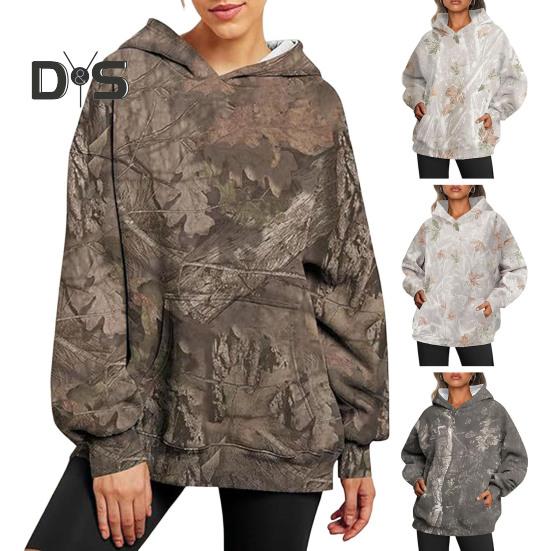 Fall Winter Women Hoodie Leaf Print Big Pocket Long Sleeves Thick Warm Loose Hooded Camouflage Daily Sport Top