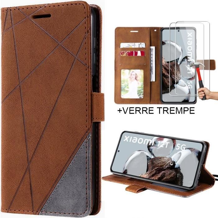 Coque + 2 Verres Trempés pour Xiaomi 12T - 12T Pro Coque Effet Cuir Elégant - Marron