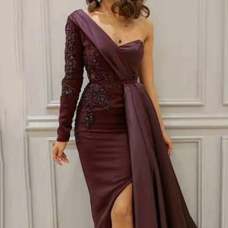 New suer dress dinner party shoulder temperament split fork and thin large size slim evening dress