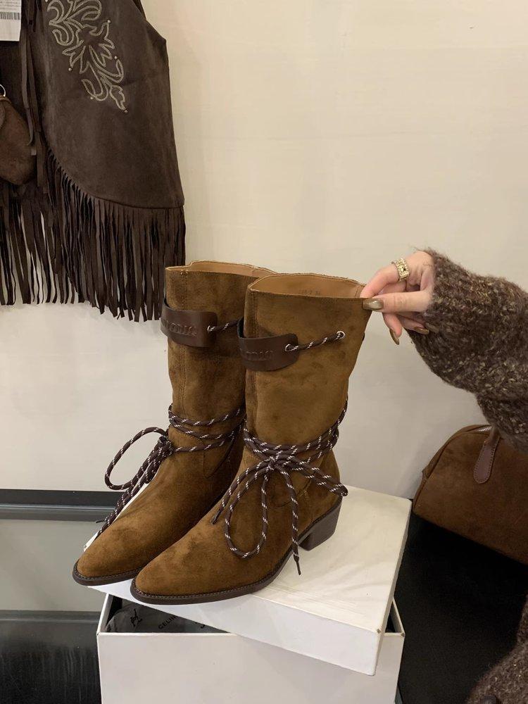 

Ретро коричневые замшевые ботинки-чулки на толстом каблуке женские 2025 новая темпераментная тонкая одинарная обувь на толстой подошве ковбойские ботинки 39 коричневый