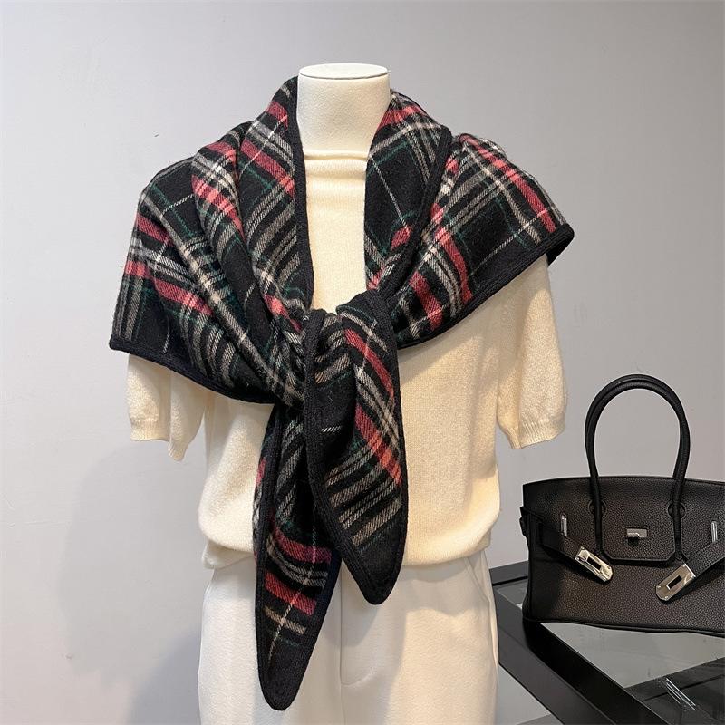 Autumn and winter double-sided plaid 100 wool scarf women's style sub-triangle scarf scarf thickened warm shawl