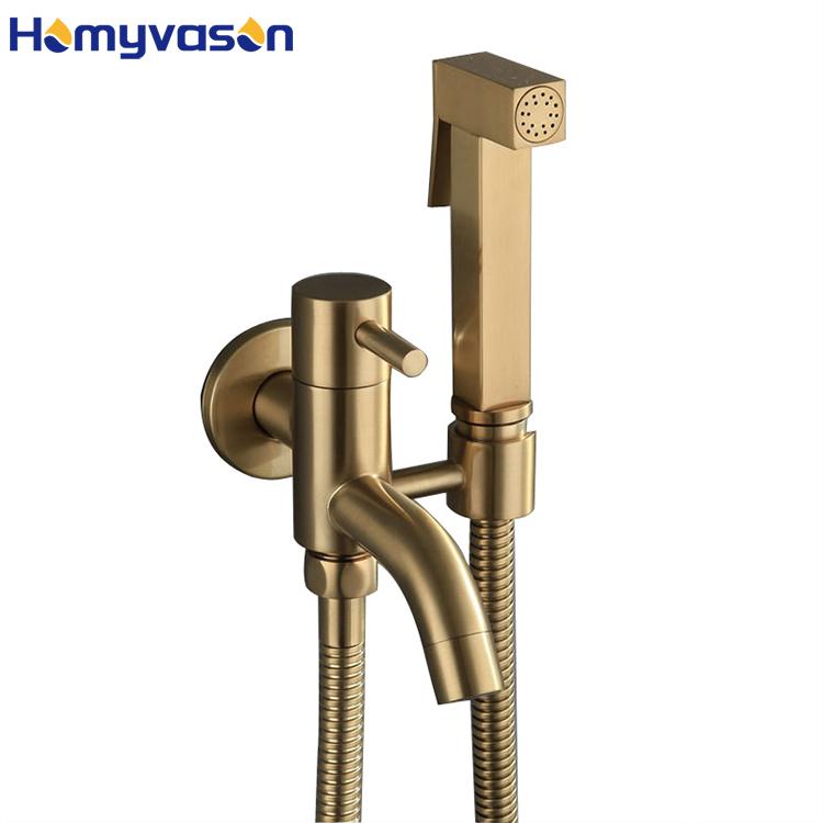 Bathroom Shower Shattaf Sprayer SS Brushed Gold Portable Toilet Water Hand Spray Bidet Gun Tap Set Brass Faucet Hot and Cold