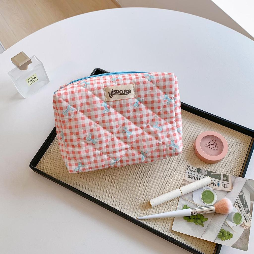 Korean-Style Plaid Bow Makeup and Skincare Bag: Large Capacity, Portable, Simple Design for Women