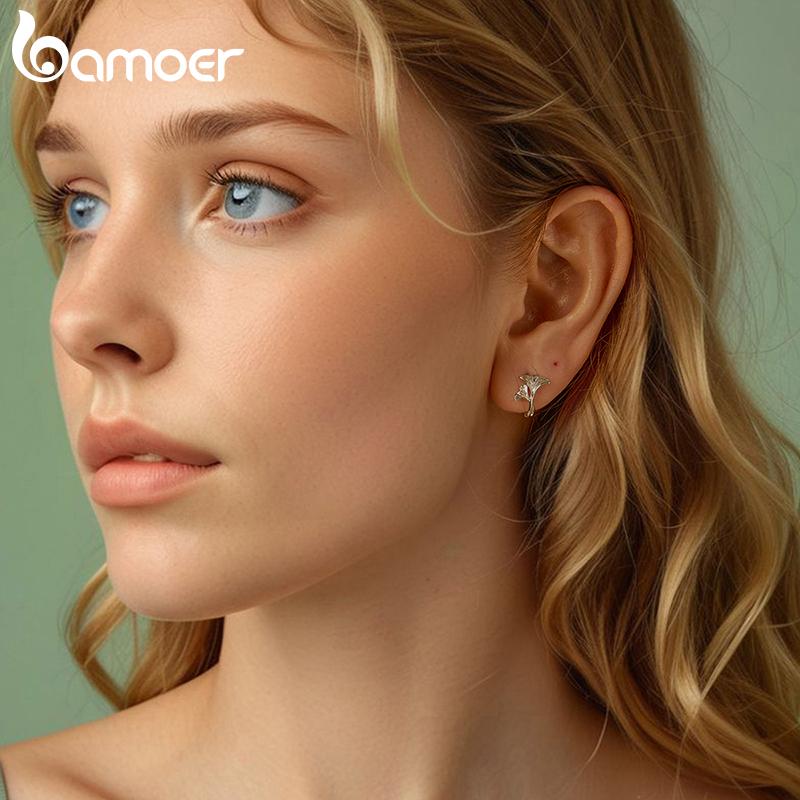 BAMOER Solid 925 Sterling Silver Ginkgo Leaf Hoop Earrings for Women Teens Small Hoop Earrings Pretty Flowers Huggie Jewelry