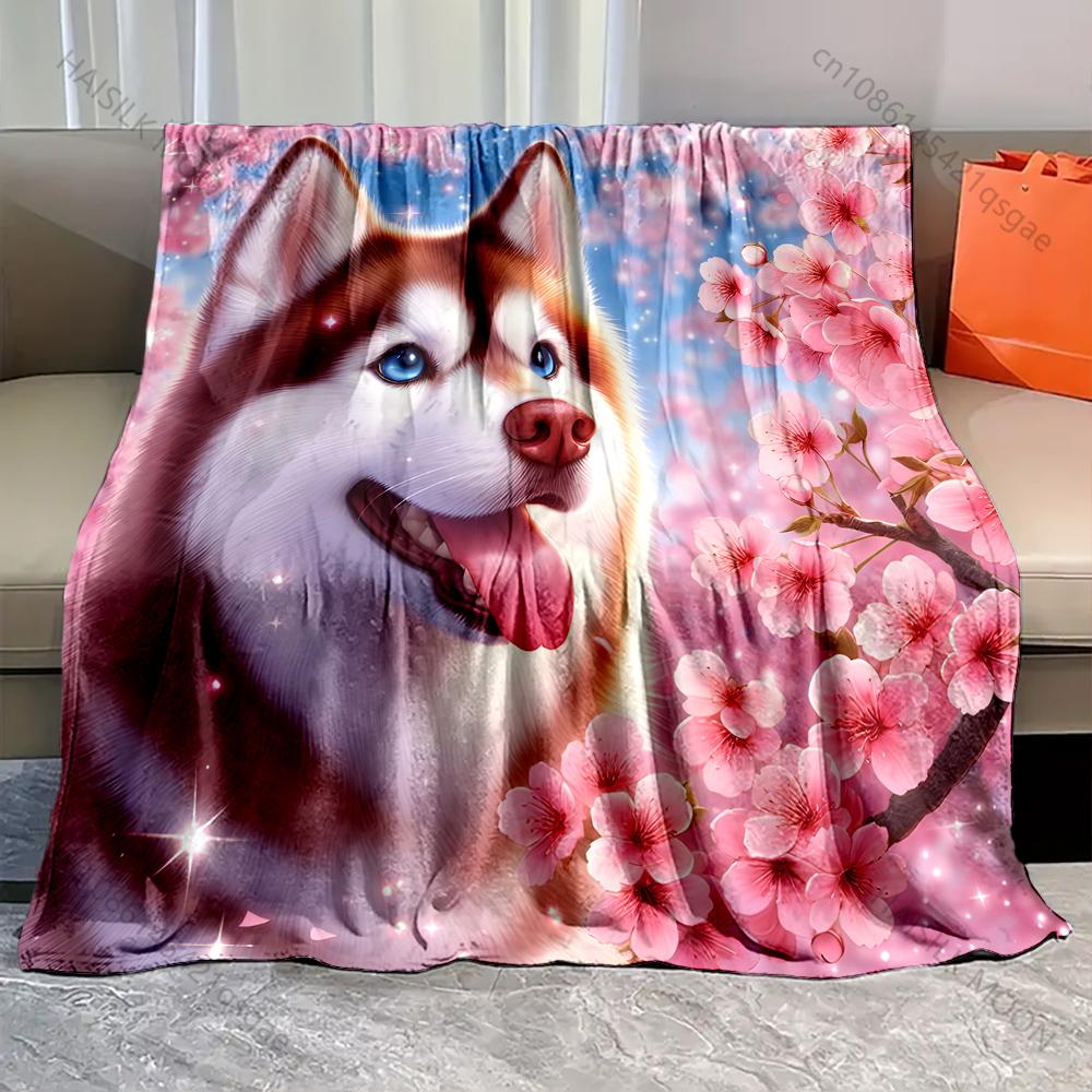 

Multi-Sizes Husky and Cherry Blossoms Blanket Warm Soft Luxury Gifts for Children Adults Suitable for Home Sofa Bed Travel 75x90cm