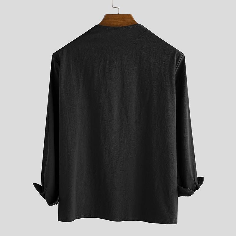 New Men's Loose Solid Color Drawstring Long Sleeve Shirt Cotton Hemp Collar Men's Shirt