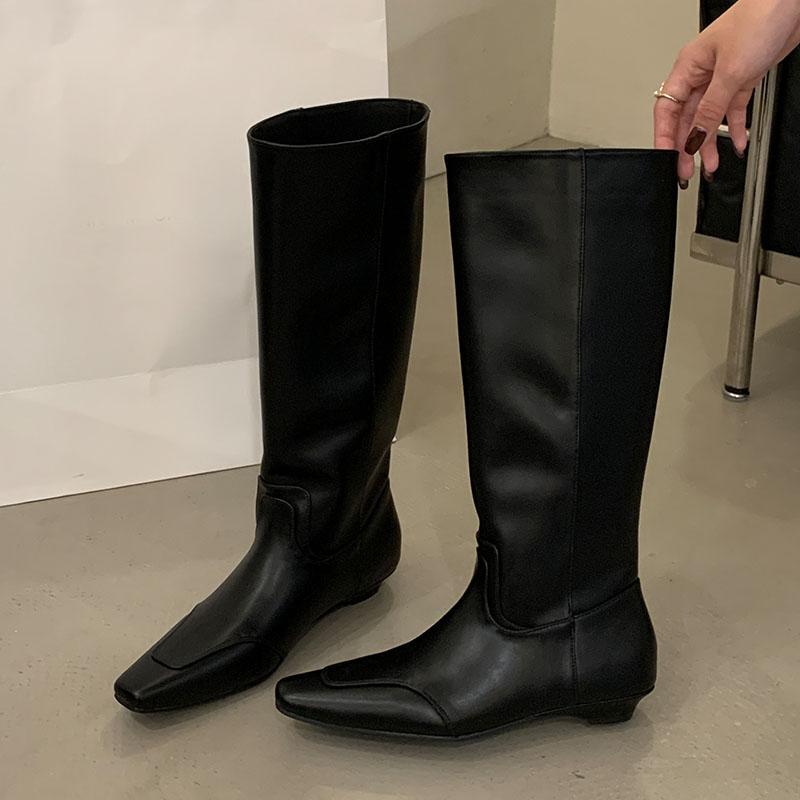 Fashion New Fashion Flock Women Knee High Western Boots With Low Heel Female Slip On Footwear Pointed Toe Ladies Long Booties Shoes