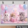 2D Cat Birthday Background Banner, Cute Kitten & Balloon Design Backdrop for Baby Shower Photoshoot