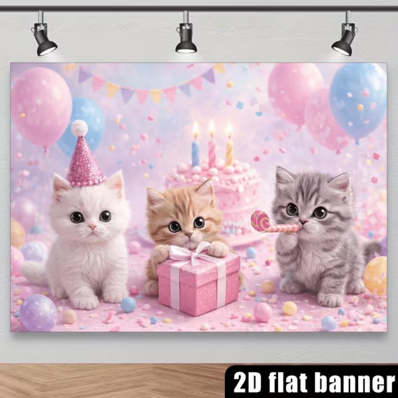 2D Cat Birthday Background Banner, Cute Kitten & Balloon Design Backdrop for Baby Shower Photoshoot