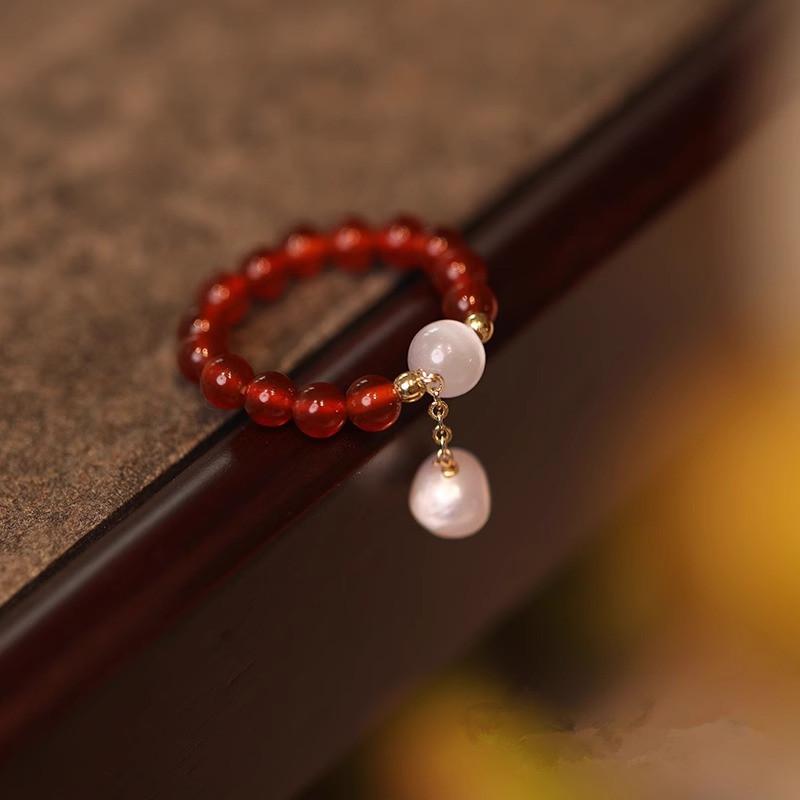 

New Arrival Trendy Natural Red Agate Opal Stone Freshwater Pearl 14K Gold Filled Female Ring For Women Birthday Gifts