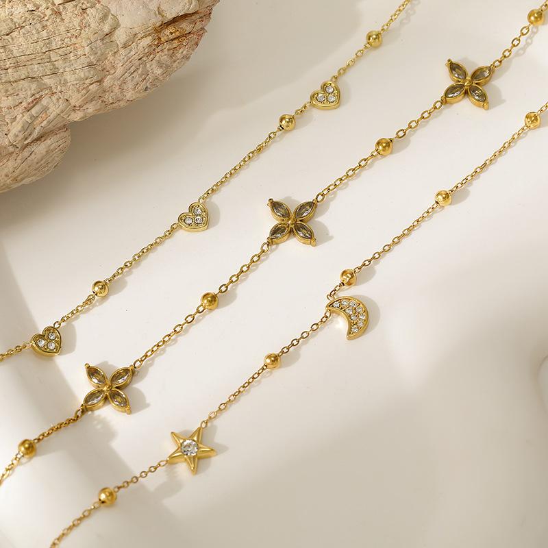 Light Luxury Titanium Steel Necklace 18K Gold Electroplating Double Layer Stacked Wear Star Moon Clover Love Necklace Women's