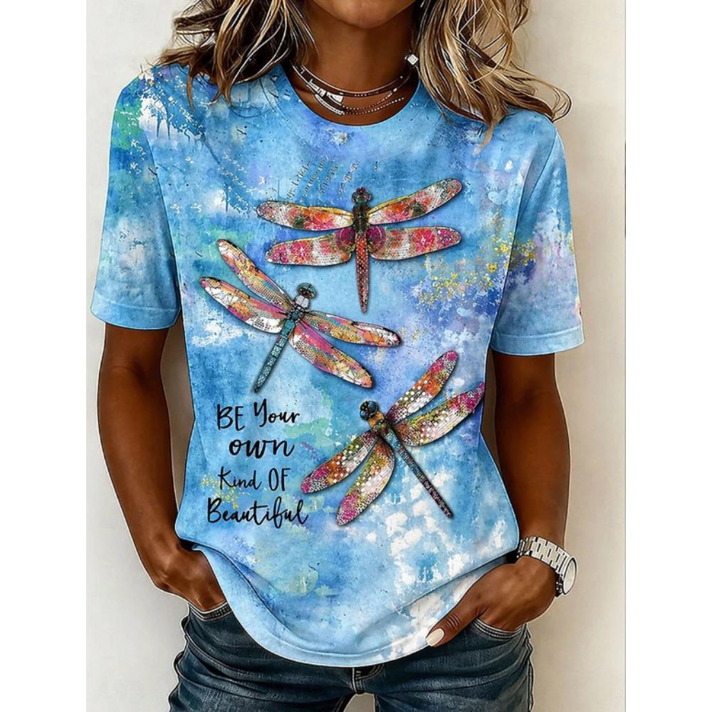 Fashion Women Retro Creative Dragonfly Pattern Print T Shirt Funny Casual O-neck Short Sleeves T-shirt Summer Female Tee Shirt