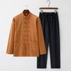 Men's Chinese Style Long-Sleeve Tang Suit Set with Frog Buttons - Retro Tea & Tai Chi Two-Piece