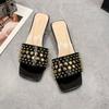 Fashion 2025 Summer Plus Size Modern Women's Open Toe Slippers Elegant Square Toe Rivet Med Heel Sandals Fashion Dress Daily Slippers