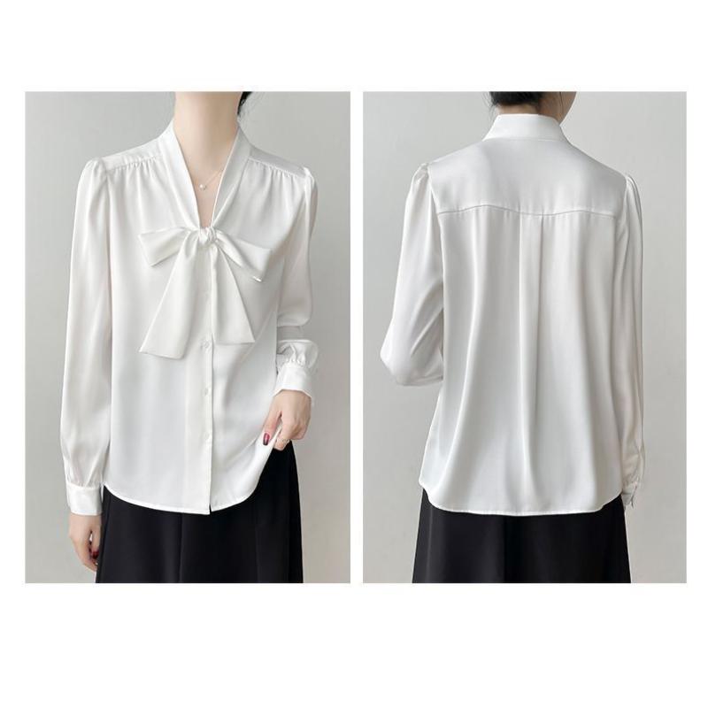 Spring Women's French Style Bow Tie Blouse, Satin Office Shirt with Flowing Ribbon Detail, Sexy Elegant Commute Wear for Business Casual