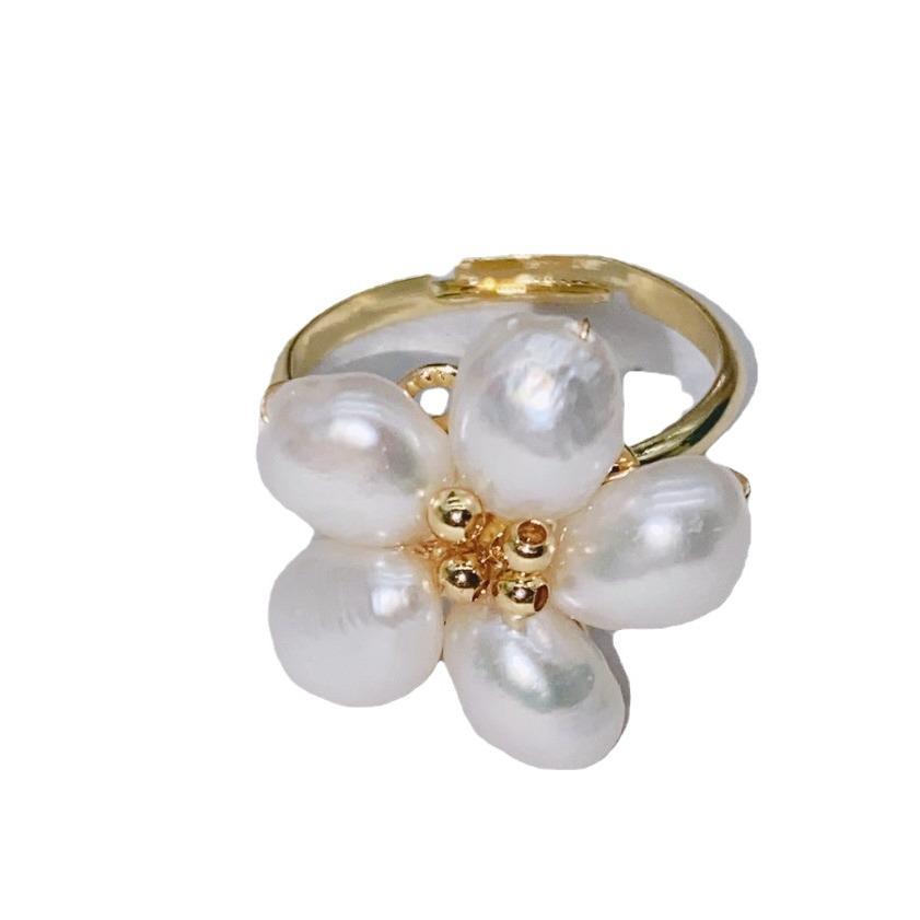 Elegant Handmade Woven Pearl Five-Petal Flower Ring