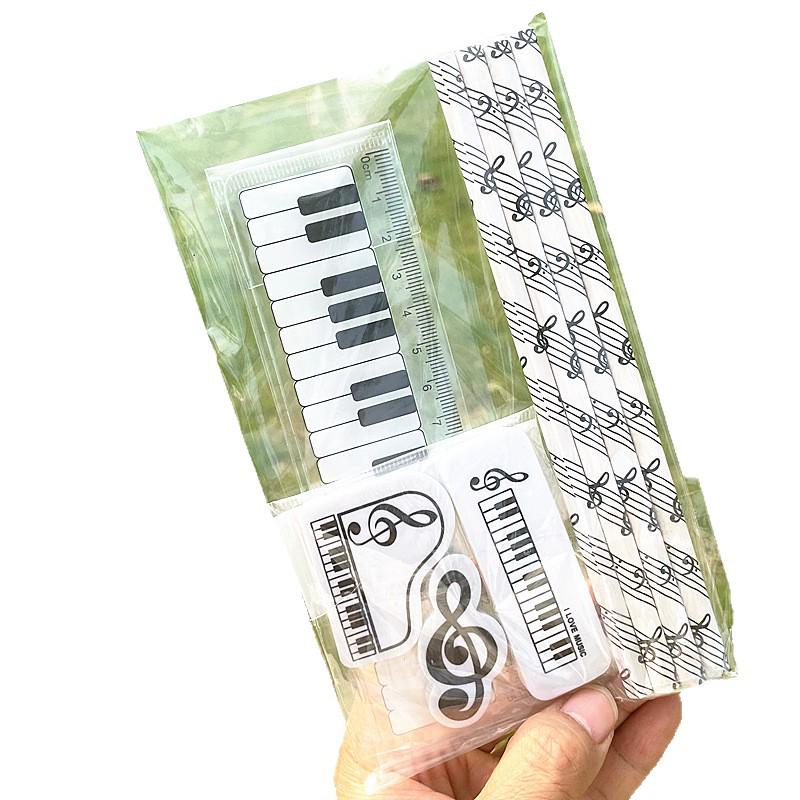 Music Note Pattern Student Stationery: Wooden Pencil and Eraser Set for Children