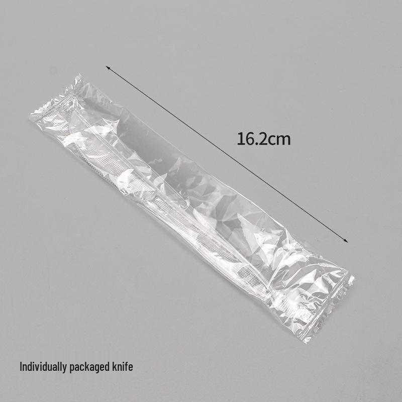 6-inch Disposable Plastic Cutlery Set: Individually Packaged Knife, Fork, and Spoon.