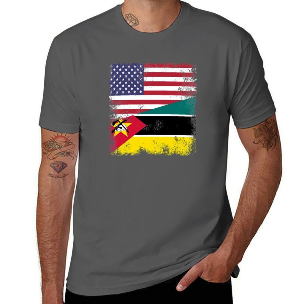 Half Mozambican Flag Design Vintage Mozambique USA Gift TShirt t shirts for man cotton soft man t shirts graphic TShirt