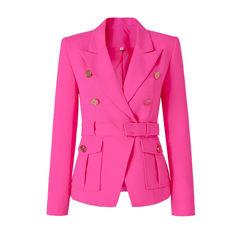 Blazer da Ufficio Stile Classico Bianco Nero da Donna con Tasche e Cintura