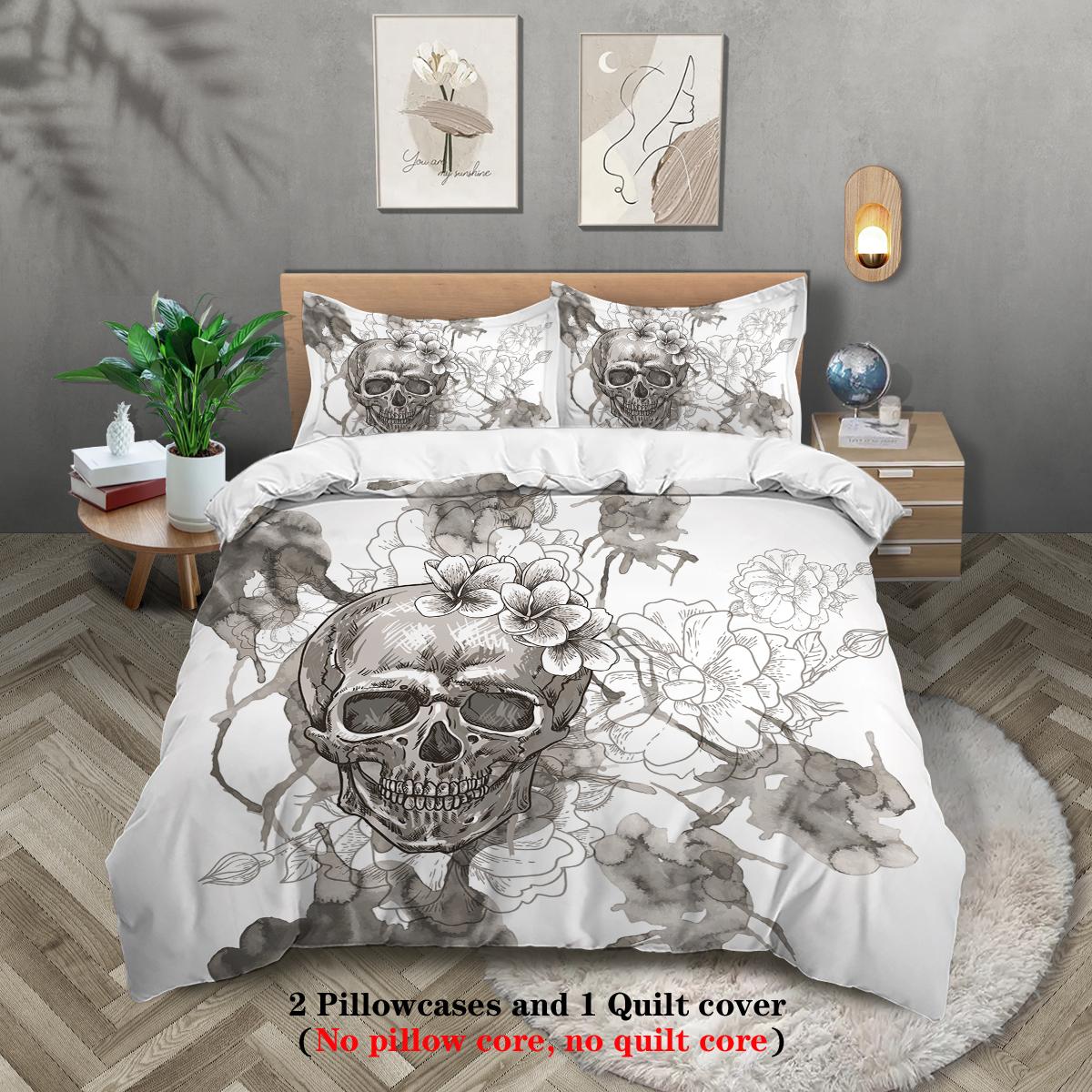 

3-piece down duvet cover (1 down duvet cover+2 pillowcases, no core), skull and flower head digital printed bedding, soft, warm, 135x200cm-EU-Single&set