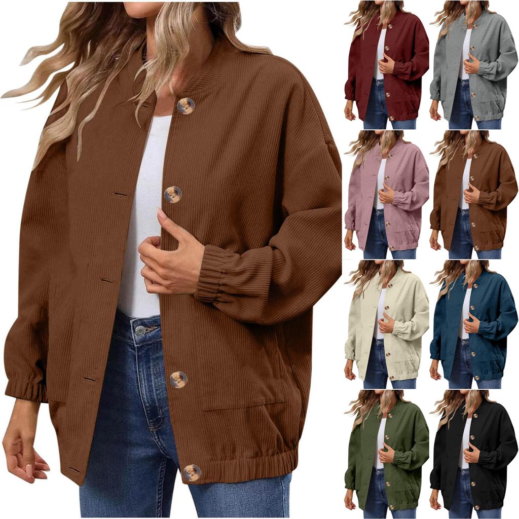 Women's Fashionable Solid Color Long Sleeved Button Jacket With Baseball Stand Up Collar Pocket Casual Jacket