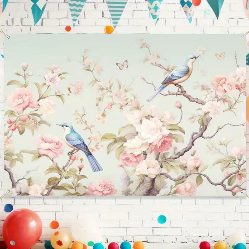 2D Romantic Floral Bird Backdrop Pastel Spring Nature Butterfly Wall Decor Background 47.2x31.5inch/120*80cm