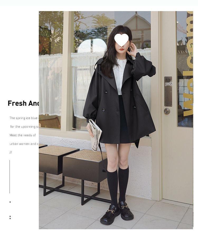 Khakifarbener Damen-Trenchcoat in lockerer Passform, Neuer koreanischer Stil für Frühling & Herbst 2025, Kleine Größe mit Puffärmeln