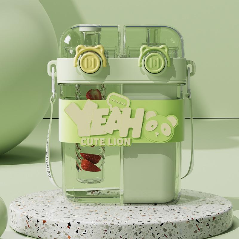 New Large-capacity Children's Water Bottle with Double Drinking Cups and Straws, Cute Cartoon Sports Water Cups