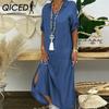 QICED Summer Denim Dress for Women Casual Spring Blue Maxi Dresses V Neck Half Sleeve Plus Size Long Dresses with Slit