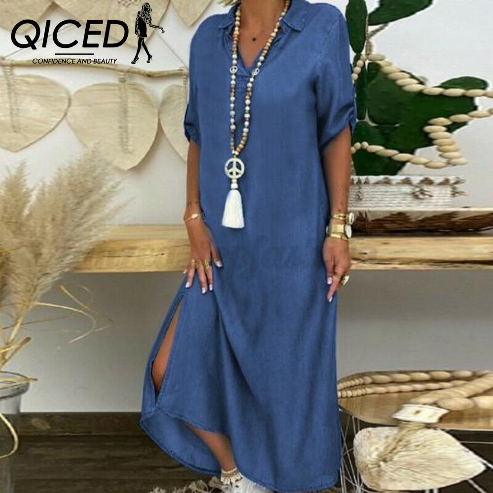 QICED Summer Denim Dress for Women Casual Spring Blue Maxi Dresses V Neck Half Sleeve Plus Size Long Dresses with Slit