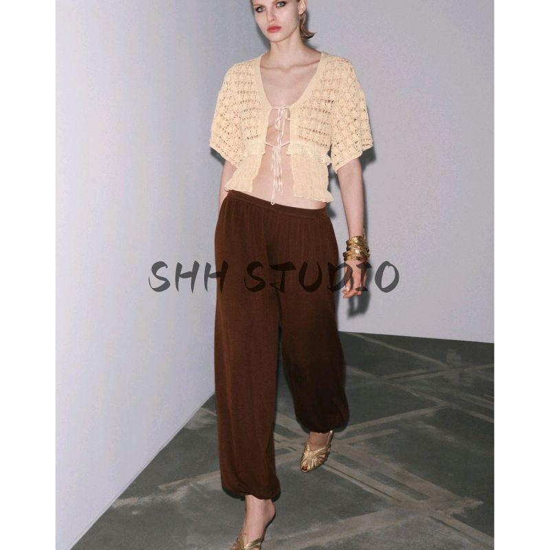 Summer New Product Women's Clothes Ruched Decorative Bowknot Shoelace V-neck Patchwork Short Sleeve Knitting Cardigan 6236011