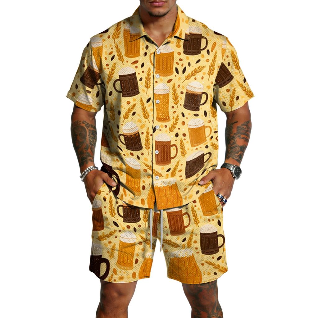 Men's Casual Short Sleeve Shirt and Shorts Set Beer Festival Print Lightweight Breathable Summer Outfit for Outdoor Activities