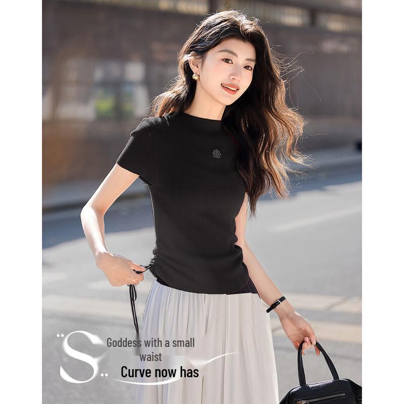 

Demana Women s Rose Metallic Knit Top with Side Drawstring & Semi-High Neck L