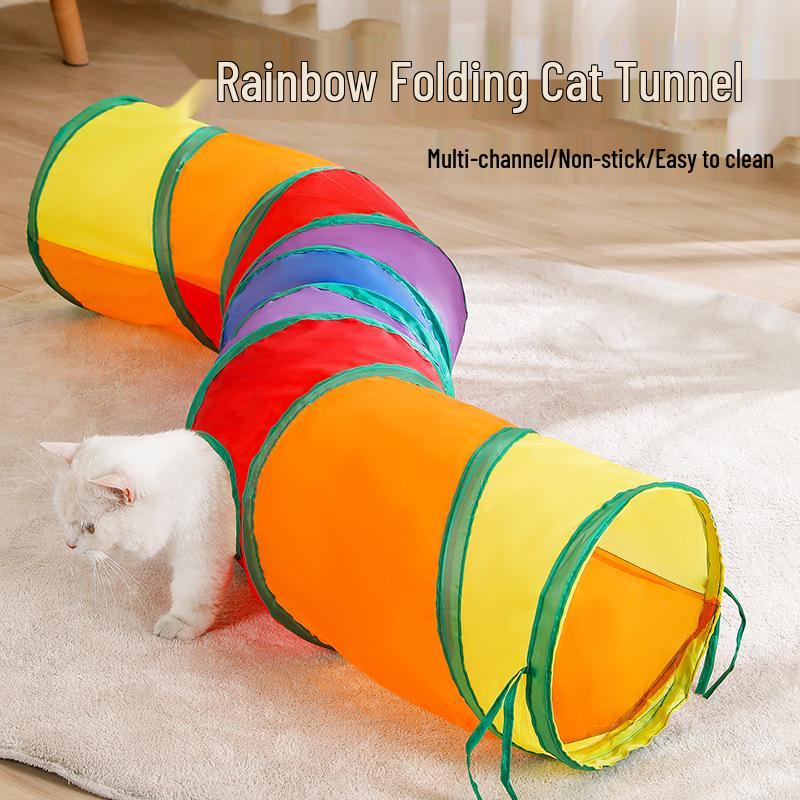 Self-Entertainment Cat Tunnel & Teaser Rainbow Maze Toy for Energy Consumption I-shaped Collapsible Rainbow Cat Tunnel 50cm