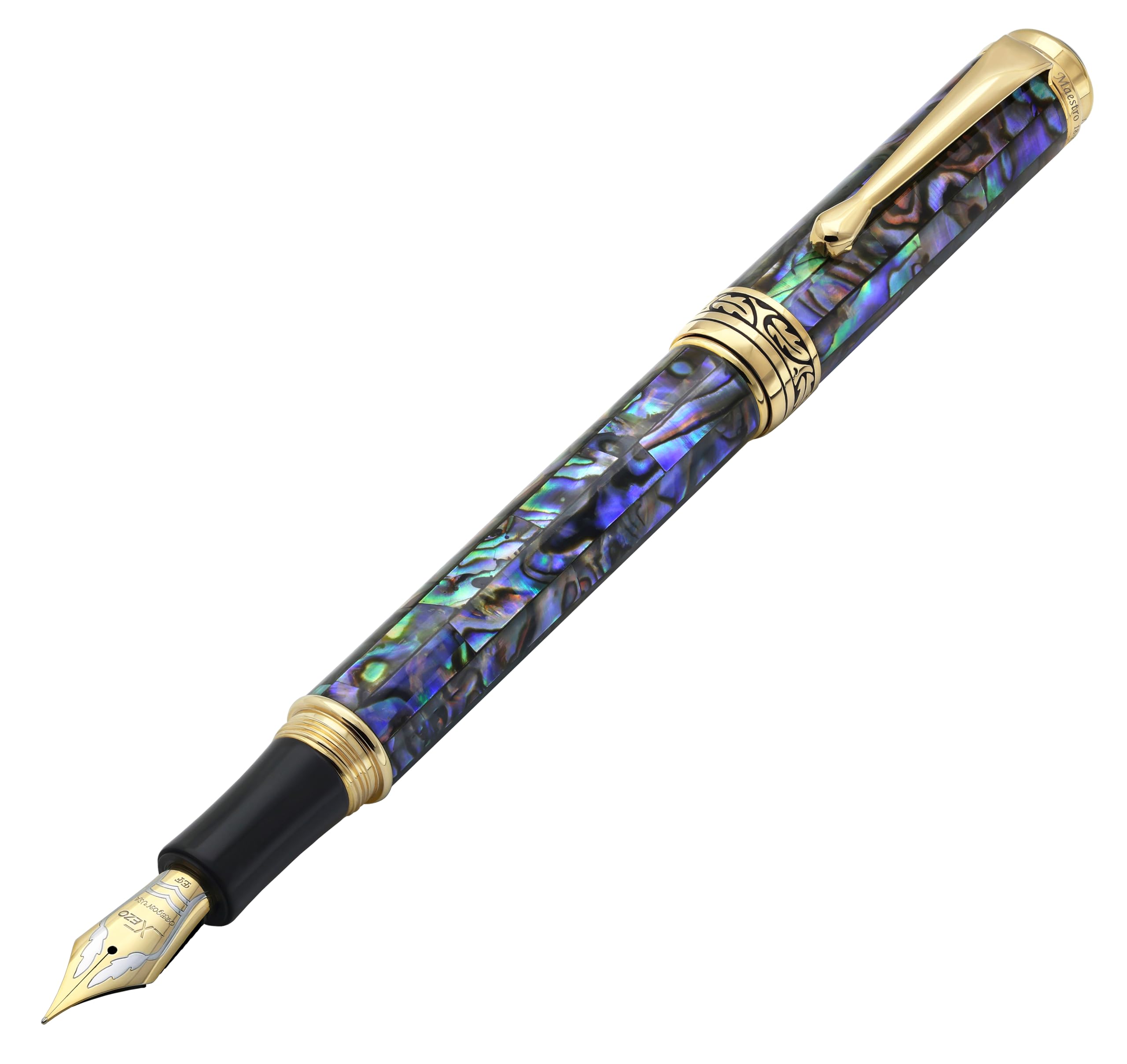 Ручка-перо Xezo Maestro Extra Fine Nib Подарок Письма 18K Перламутр Каждая Ручка Уникальна, (Линия 0,3 мм), Серия, Позолоченный Абалон, Ручная работа, Серийный,