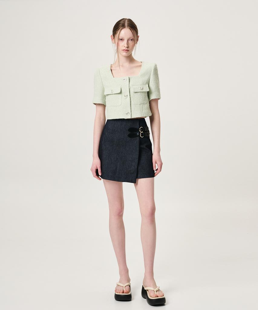 ETMON Buckle Wrap Mini Skirt, Black Indigo