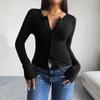 Women's Henley Neck Long Sleeve Slim Elegant Solid Button Down Top Casual Cropped Cardigan Tee For Spring Fall Daily Wear
