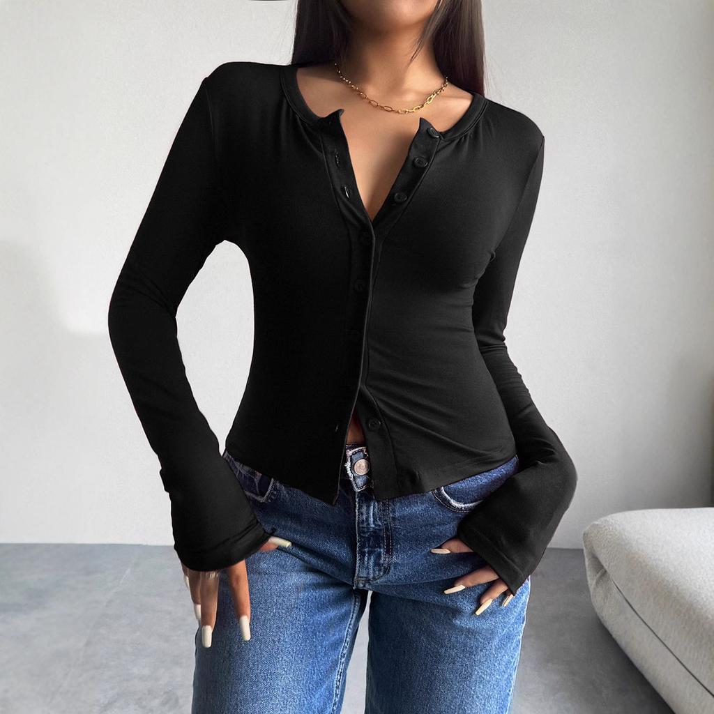 Women's Henley Neck Long Sleeve Slim Elegant Solid Button Down Top Casual Cropped Cardigan Tee For Spring Fall Daily Wear
