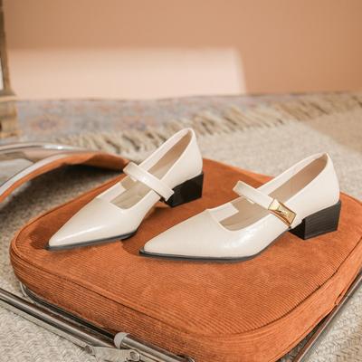Spitze Pumps Damen Frühling Herbst Dicke Absatz Leder Schuhe mit Mittlerem Absatz Flacher Mund Vielseitige Kurze Pumps Damen