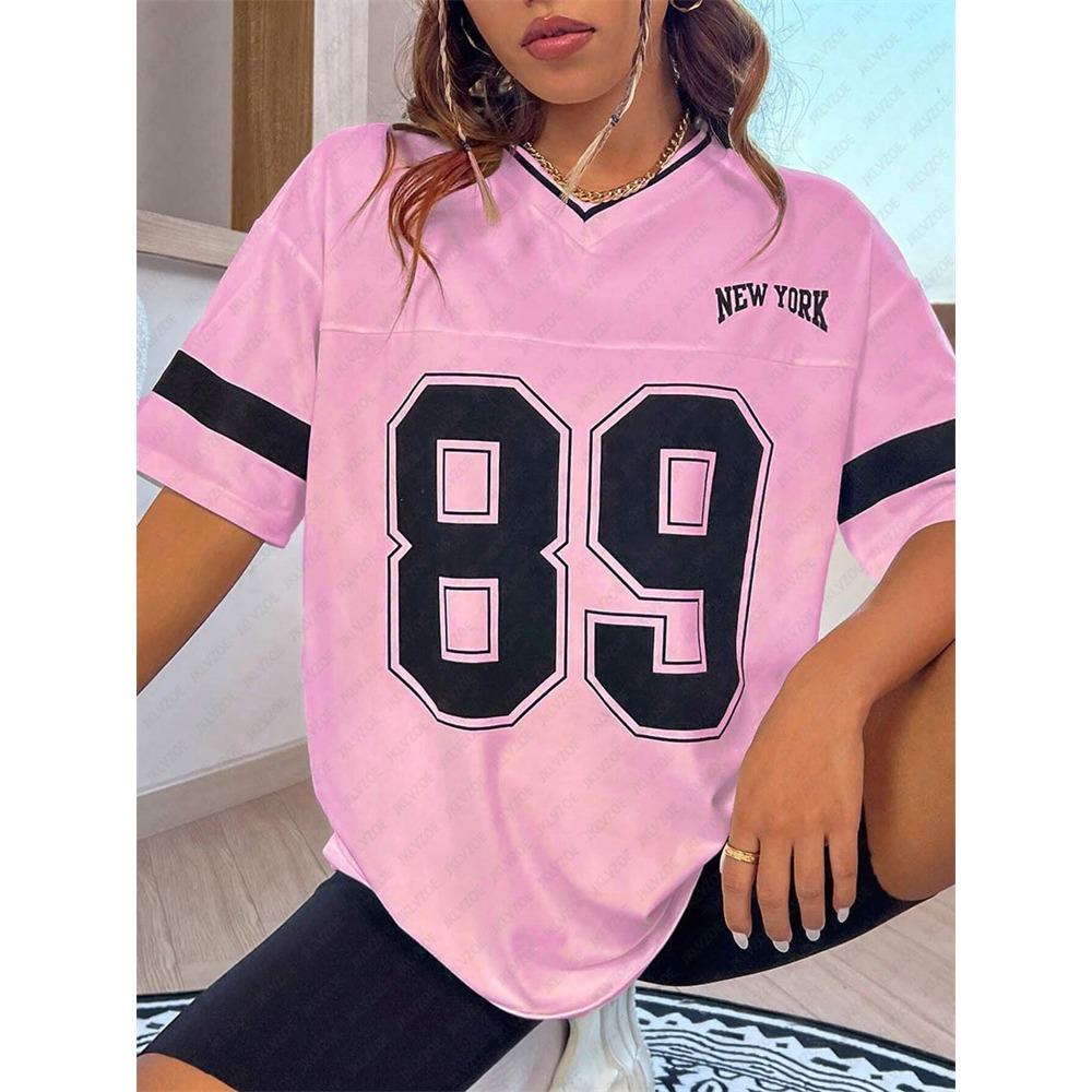 TShirt Women Striped V-Neck Tee Summer Oversized Harajuku Trend Short