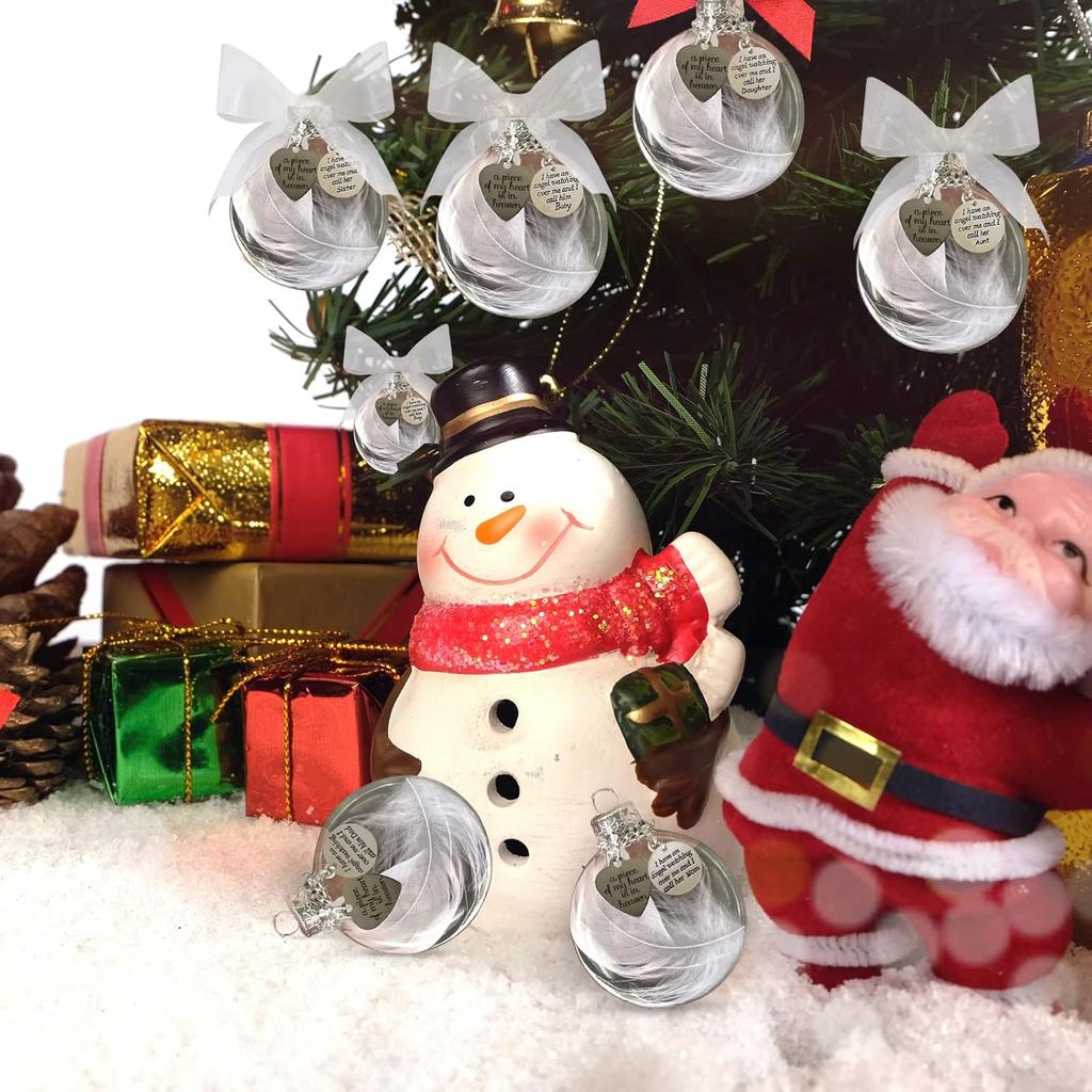 Clear Christmas Memorial Ornament Feather Ball, A Piece of My Heart is in Heaven, Christmas Tree Memorial Hanging Pendant Gift for Mom, Dad, Son,