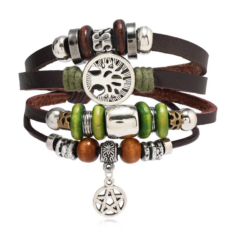 Punk Handmade Beaded Cowhide Bracelet Alloy Tree of Life Logo Leather Woven Bracelet Fashion