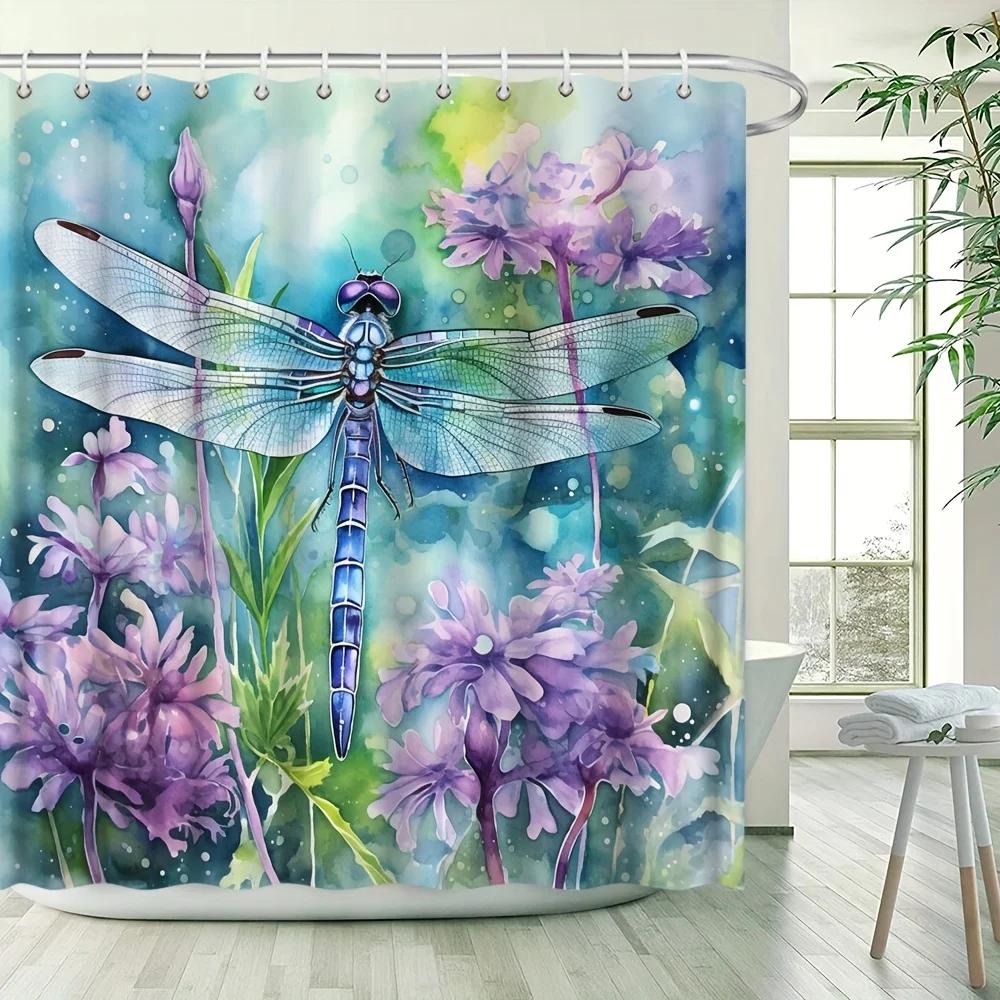 Watercolor Dragonfly Bath Curtain -Vibrant Purple Flowers &Blue Wings;Waterproof Home Decor Adds Artistic Charm To Your Bathroom