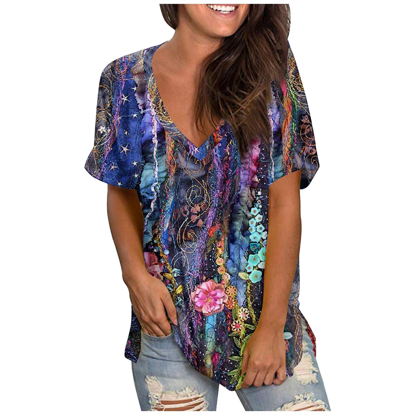 

(SU)Женская модная повседневная блузка с v-образным вырезом и короткими рукавами с цветочным принтом