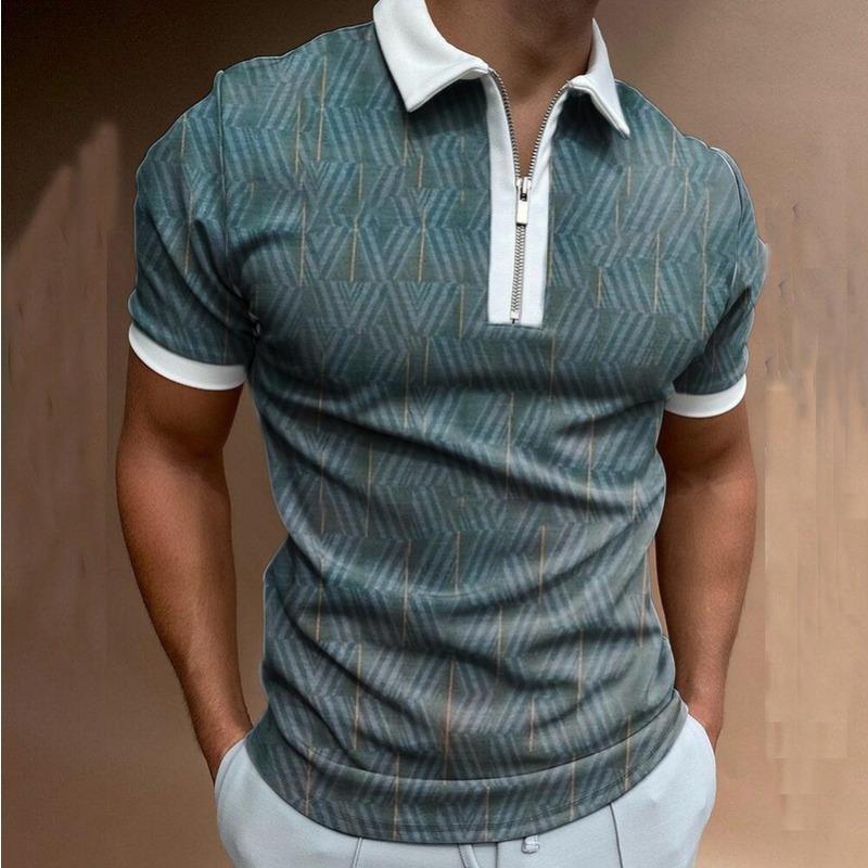 Pánská polokošile na zip s 3D potiskem, business casual košile s krátkým rukávem