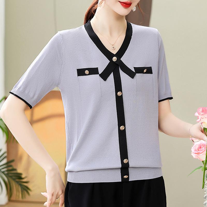 

2026 Summer Ice Silk Knitwear: Stylish Loose-Fit Short Sleeve T-Shirt for Middle-Aged Women 120 сірий колір/небо