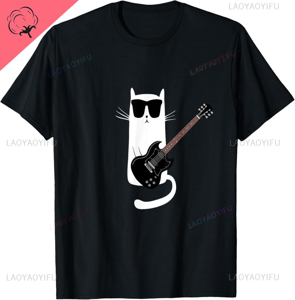Cat Playing Guitar Rock Star Rock and Roll for Men Women T-Shirt Print Original Design Gifts T Shirts Camiseta Hombre